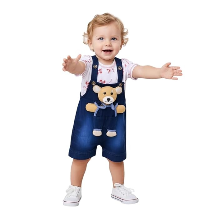 Akshay Garments Baby Boys Cotton Denim Dungaree Set with 3D Teddy Bear Design | Printed T-Shirt with Adjustable Straps | Stylish & Comfortable Daily Outfit for Baby Unisex