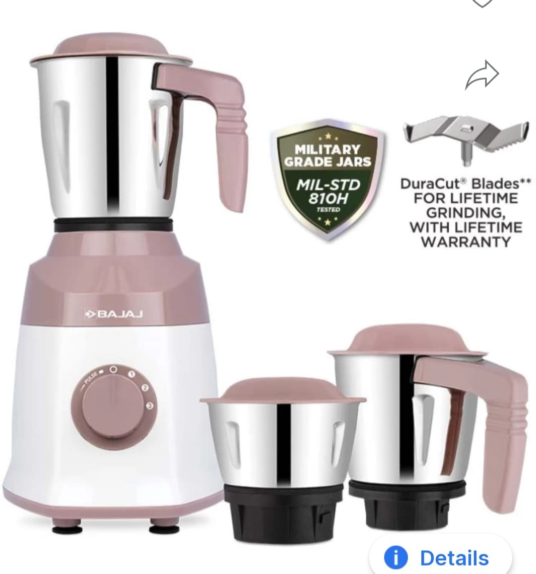 BAJAJ Military Series Finesse 750 Mixer Grinder (3 Jars, Pink)