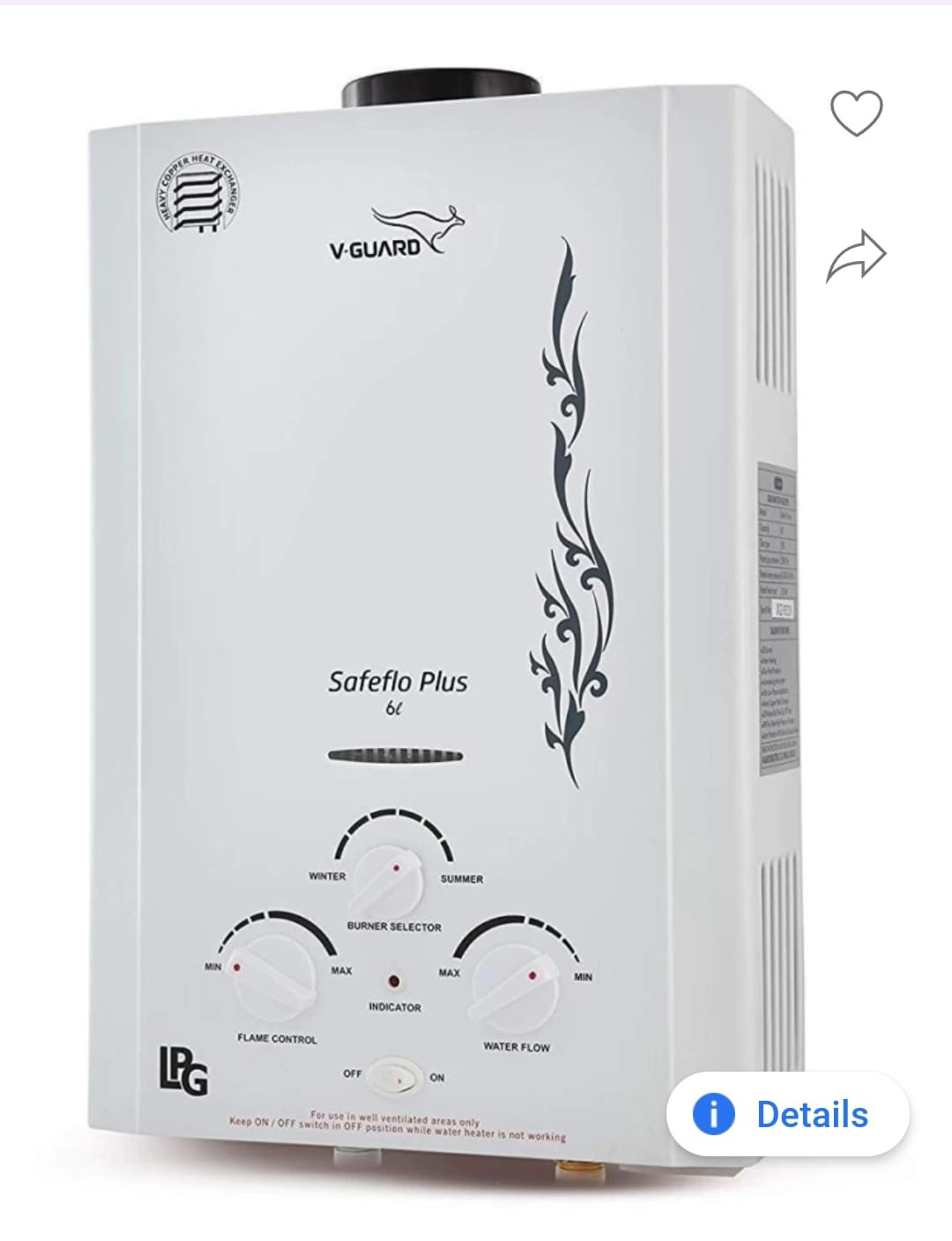 V-Guard 6 L Gas Water Geyser (SAFE-FLOW PLUS, White)