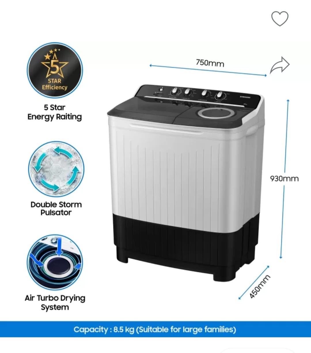 SAMSUNG 8.5 kg 5 star,Air Turbo Drying Semi Automatic Top Load Washing Machine Black, Grey  (WT85B4200GD/TL)