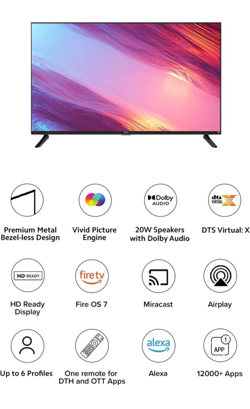REDMI 80 cm (32 inch) HD Ready LED Smart FireTv OS 7 TV with 2 table stand  (L32R8-FVIN)