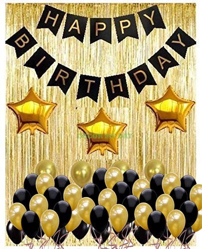 DecorMyDay  Balloons Decoration Kit, Gold Metallic Fringe Curtains(3x6 Ft),Happy Birthday Banner (5ft) with Metallic Balloons( 30 pcs) and Star Foil Balloons( 3 pcs)